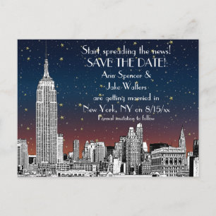 NYC Skyline 01 Etched Sunset Starry Save the Date Announcement Postcard