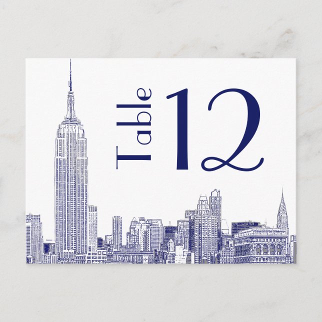 NYC Skyline 01 Etched Table Number Card Blue (Front)