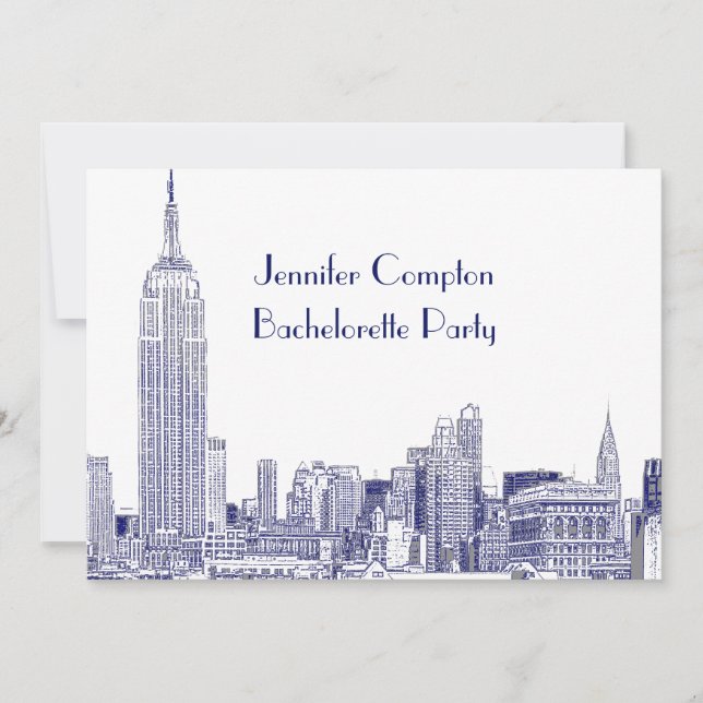 NYC Skyline 01 Etched Wht Bachelorette Party Blue Invitation (Front)