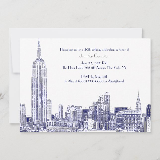NYC Skyline 01 Etched Wht Birthday Party Blue Invitation (Back)