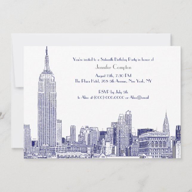 NYC Skyline 01 Etched Wht Sweet 16 Party Blue Invitation (Back)