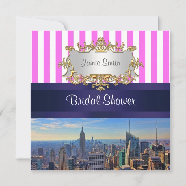 NYC Skyline B2 Pink White Stripe Bridal Shower Invitation (Front)