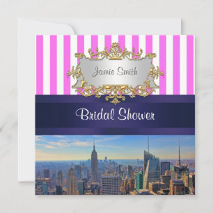 NYC Skyline B2 Pink White Stripe Bridal Shower Invitation