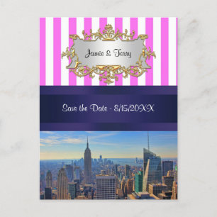 NYC Skyline B2 Pink White Stripe Save the Date Announcement Postcard