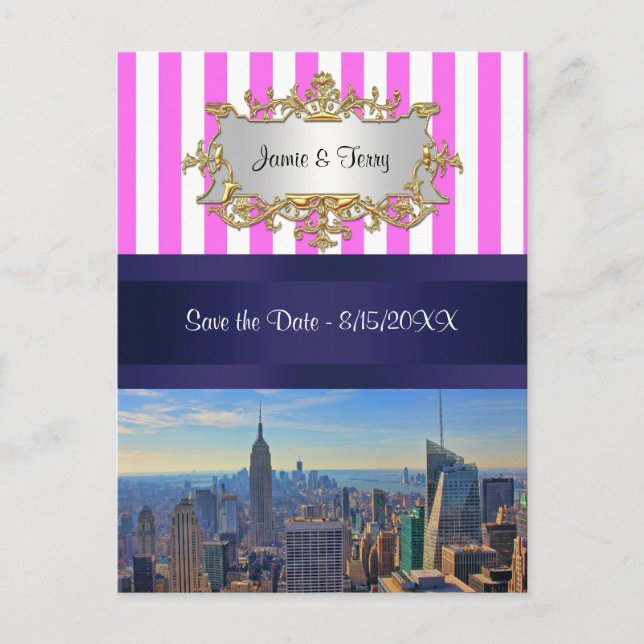 NYC Skyline B2 Pink White Stripe Save the Date Announcement Postcard (Front)