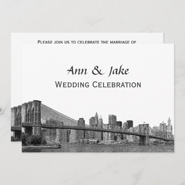 NYC Skyline Bklyn Bridge Etched #2SQH Wedding Invitation (Front/Back)
