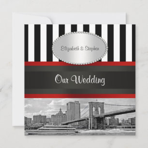 NYC Skyline Brooklyn Bridge Blk White P2 Wedding Invitation