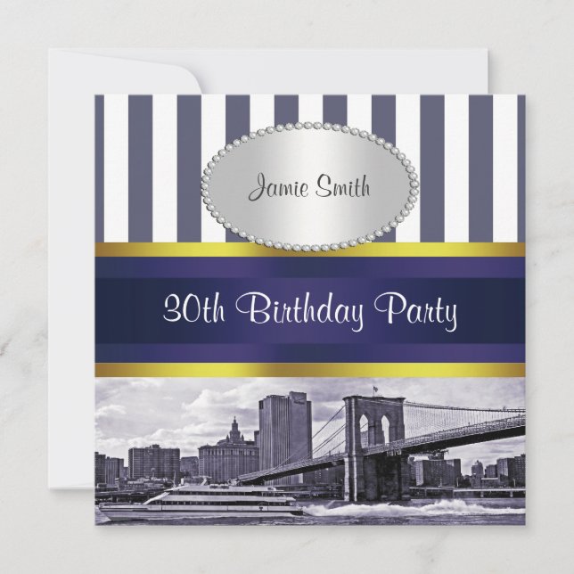 NYC Skyline Brooklyn Bridge, Boat Blue Wt Birthday Invitation (Front)