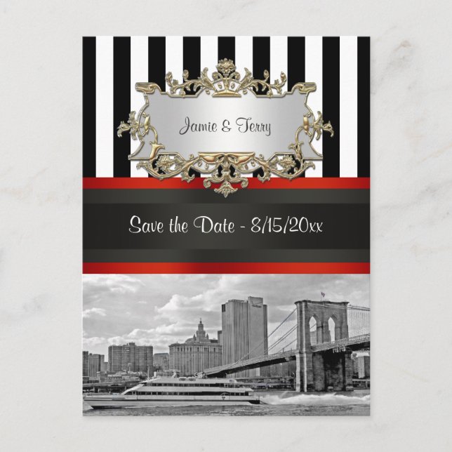 NYC Skyline Brooklyn Bridge, Boat Save the Date Announcement Postcard (Front)