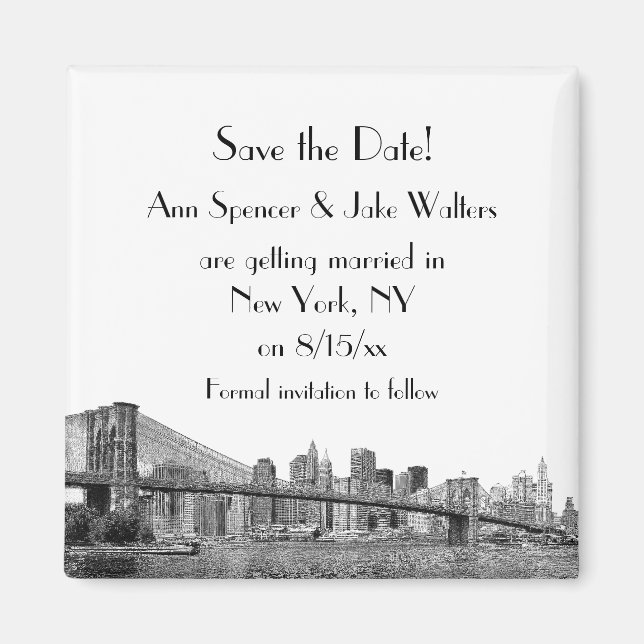 NYC Skyline Brooklyn Bridge Etched Save the Date Magnet (Front)
