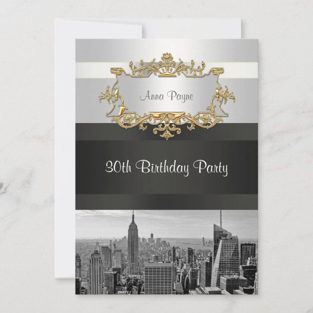 NYC Skyline BW 05 White, Black Birthday Invite (Front)