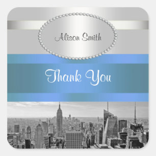 NYC Skyline BW 05 White Blue 2 Thank You Square Sticker
