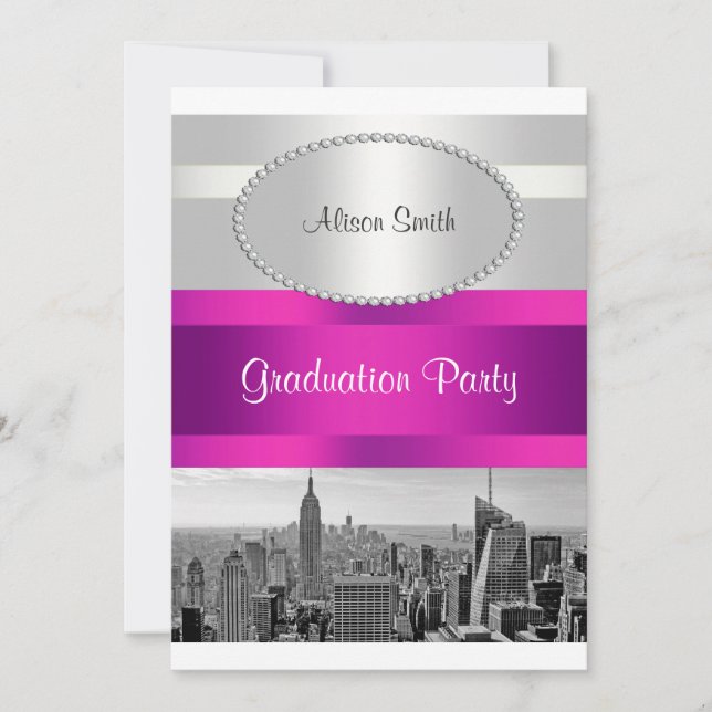 NYC Skyline BW 05 White Hot Pink Graduation Invite (Front)