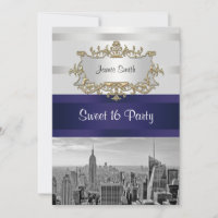 NYC Skyline BW 05 White Navy 2 Sweet 16 Invite
