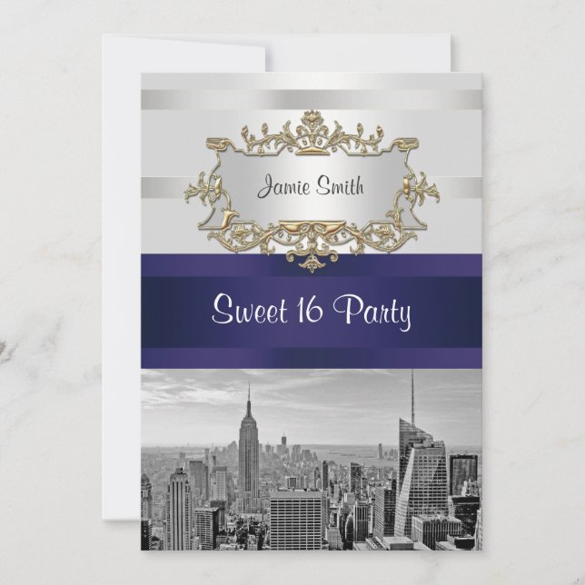 NYC Skyline BW 05 White Navy 2 Sweet 16 Invite (Front)
