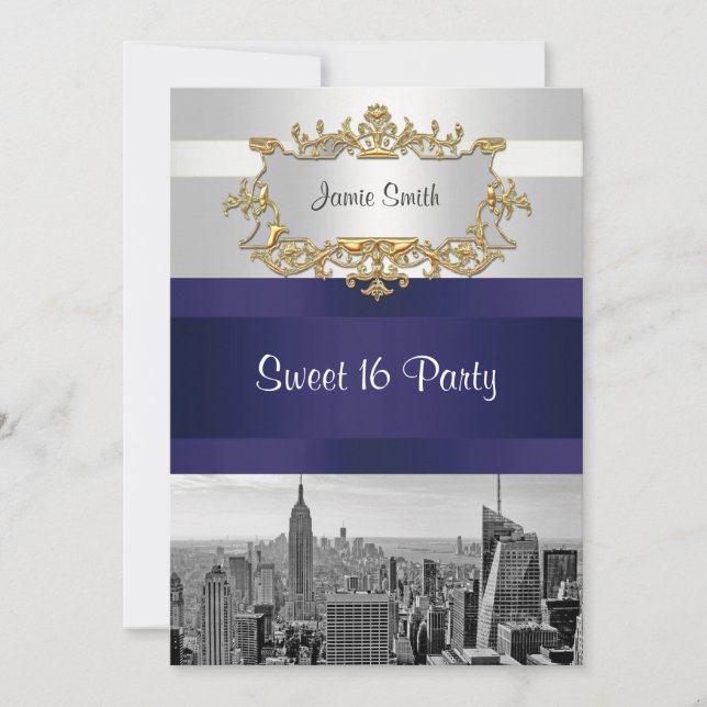 NYC Skyline BW 05 White Navy Blue Sweet 16 Invite (Front)
