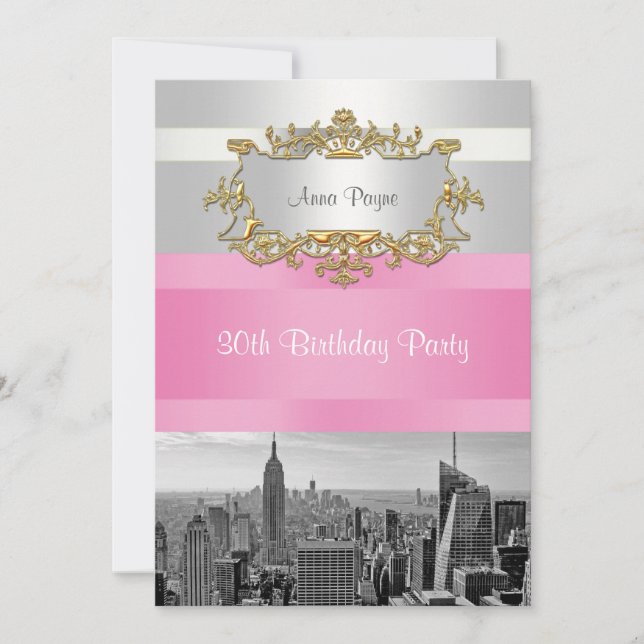 NYC Skyline BW 05 White, Pink Birthday Invite (Front)