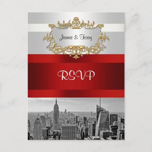 NYC Skyline BW 05 White Red RSVP Postcard (Front)