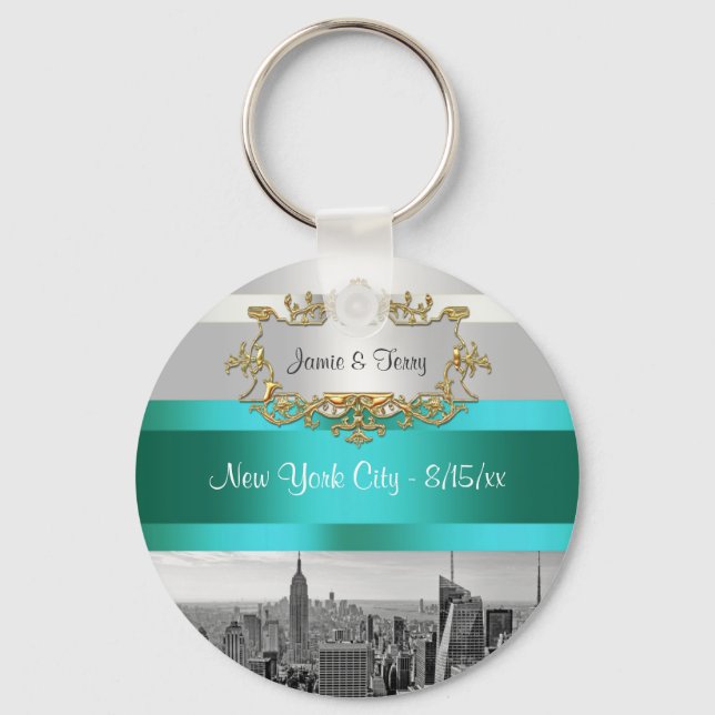 NYC Skyline BW 05 White Teal Invite Suite Key Ring (Front)