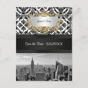 NYC Skyline BW 431 Damask  Save the Date Postcard