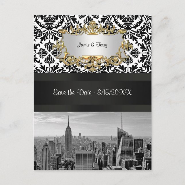 NYC Skyline BW 431 Damask  Save the Date Postcard (Front)