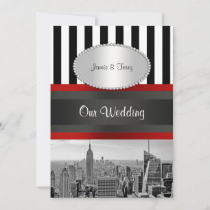 NYC Skyline BW Black White Stripe 2P Wedding Invitation