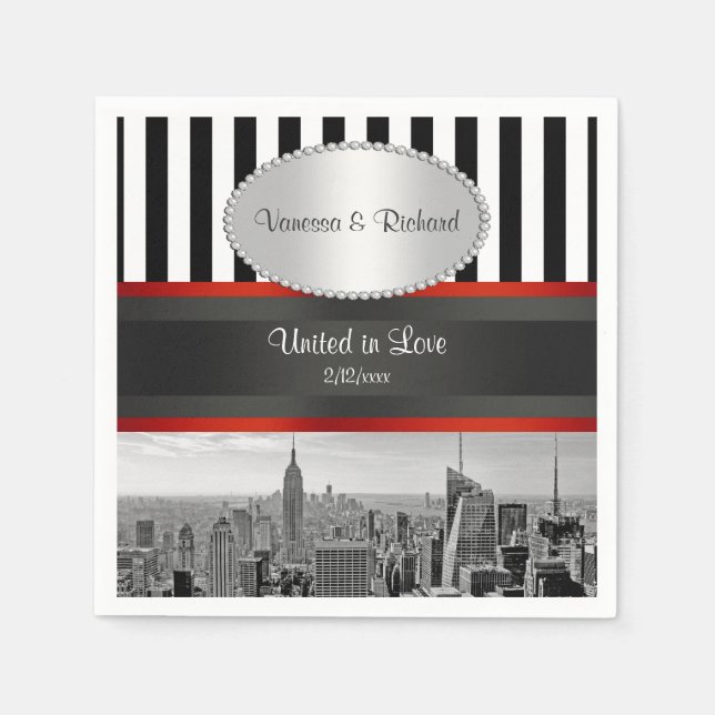 NYC Skyline BW Black White Stripe P Wedding Napkin (Front)