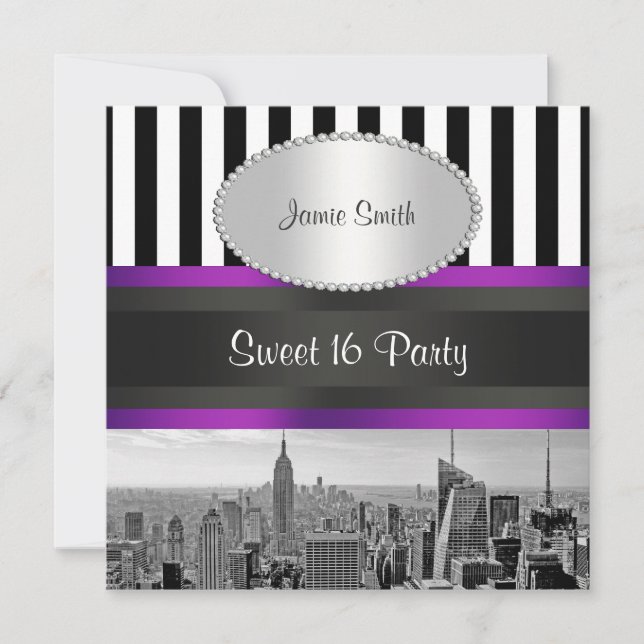 NYC Skyline BW Blk Wht Strp Purpl P Sweet 16 Party Invitation (Front)