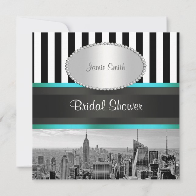 NYC Skyline BW Blk Wht Strp Teal P Bridal Shower Invitation (Front)