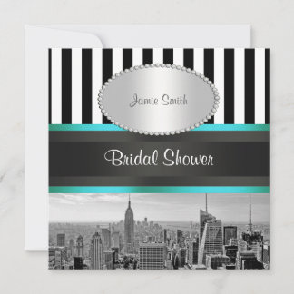 NYC Skyline BW Blk Wht Strp Teal P Bridal Shower Invitation