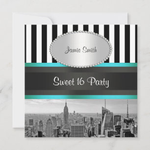 NYC Skyline BW Blk Wht Strp Teal P Sweet 16 Party Invitation