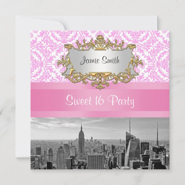 NYC Skyline BW D4P Pink Damask Sweet 16 Party Invitation (Front)