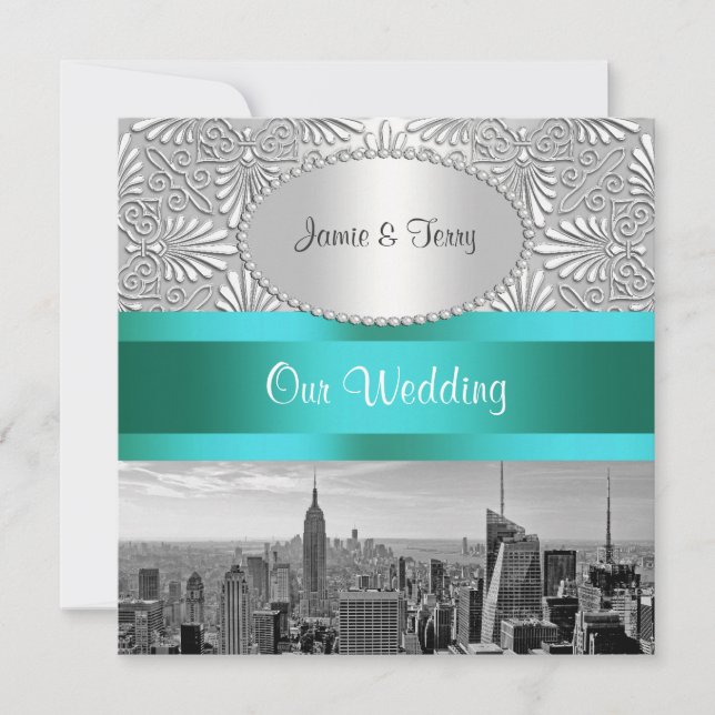 NYC Skyline BW Silver White Damask Wedding Invitation (Front)