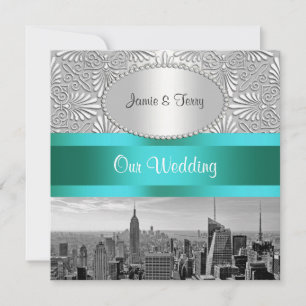 NYC Skyline BW Silver White Damask Wedding Invitation