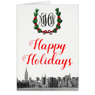 NYC Skyline Christmas Wreath Happy Holidays Card