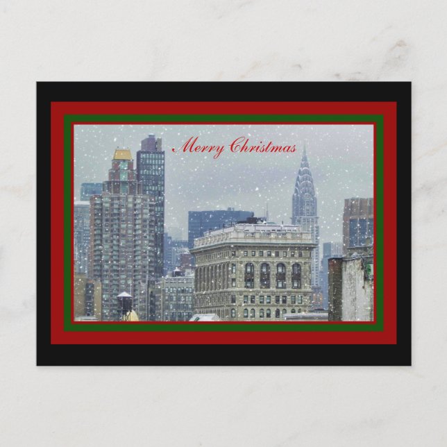 NYC Skyline Chrysler Bldg, Flatiron Snow Christmas Holiday Postcard (Front)
