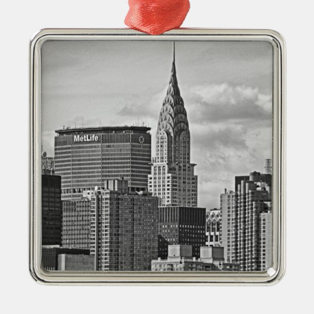 NYC Skyline: Chrysler Building, Met Life BW Metal Tree Decoration (Front)