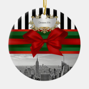 NYC Skyline Empire St Bldg Xmas Blk Wht Strp #2R Ceramic Tree Decoration