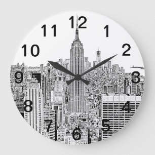 NYC Skyline - Empire State Building, Etched look Large Clock