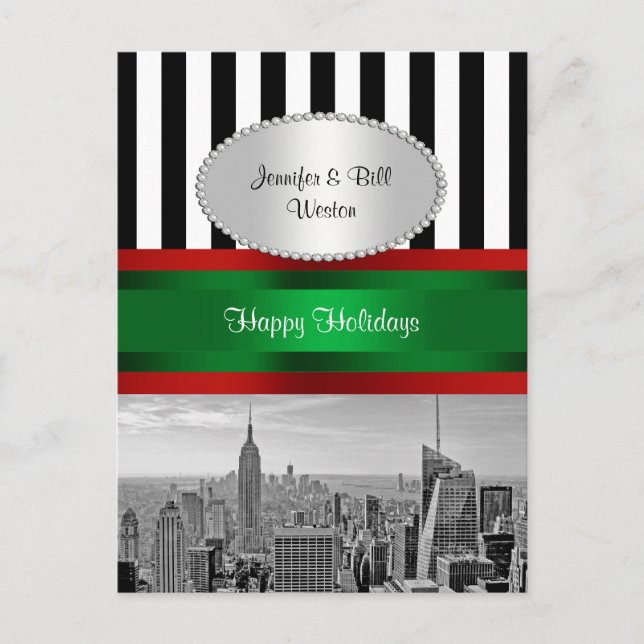 NYC Skyline ESB BW Blk Wht Strp P Christmas Holiday Postcard (Front)