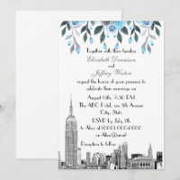 NYC Skyline ESB Etch Blue Grey Floral Wedding