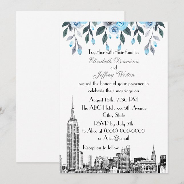 NYC Skyline ESB Etch Blue Grey Floral Wedding Invitation (Front/Back)