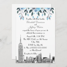 NYC Skyline ESB Etch Blue Grey Floral Wedding