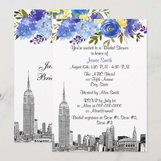 NYC Skyline ESB Etch Blue Yel Floral Bridal Shower Invitation (Front/Back)