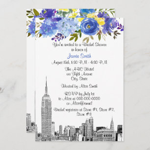 NYC Skyline ESB Etch Blue Yel Floral Bridal Shower Invitation
