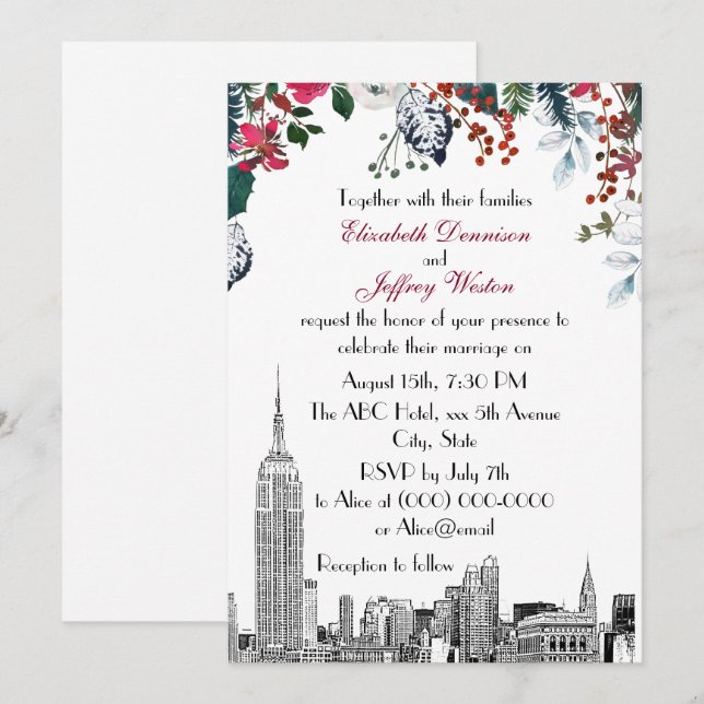 NYC Skyline ESB Etch Burg Blu Green Floral Wedding Invitation (Front/Back)