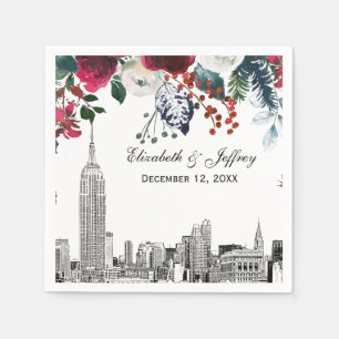 NYC Skyline ESB Etch Burgundy Grn Floral Watercolr Napkin