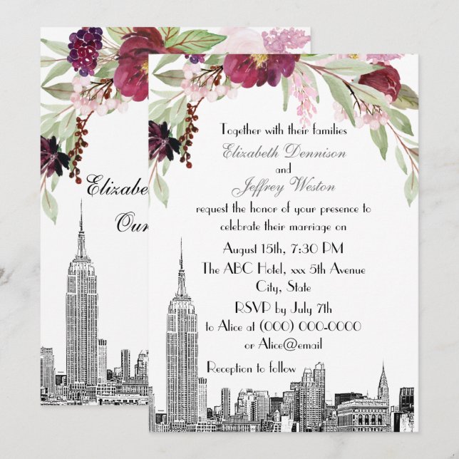 NYC Skyline ESB Etch Burgundy Pink Floral Wedding Invitation (Front/Back)