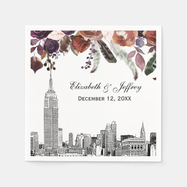 NYC Skyline ESB Etch Burgundy Plum Floral Wedding Napkin (Front)