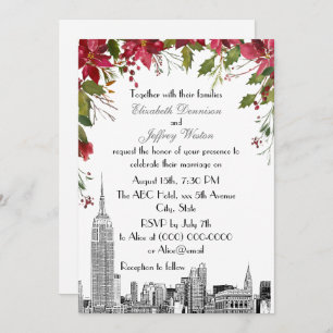 NYC Skyline ESB Etch Holly Poinsettia Wedding Invitation
